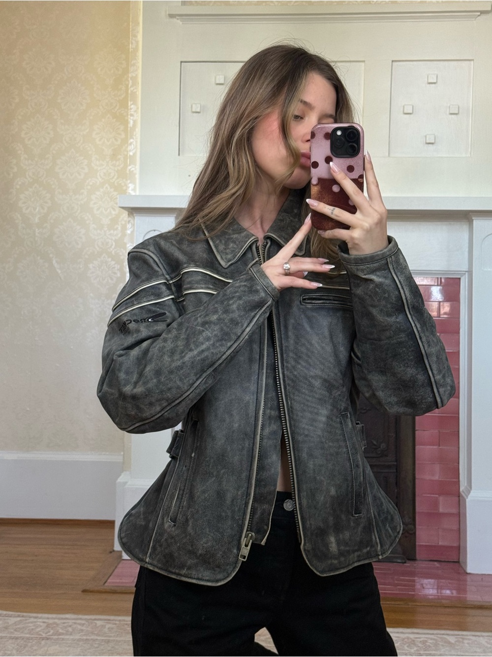 Distressed Gray Leather Biker Jacket